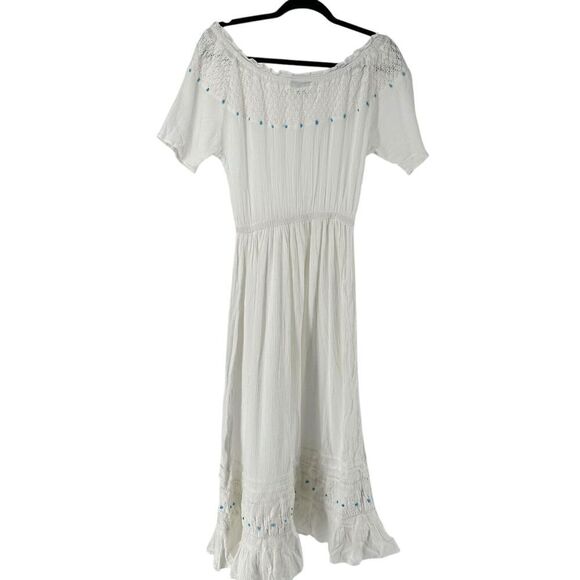 220 Hickory Maxi Dress White Off The Shoulder Turquoise Bead Size S Ruffle Crepe - Picture 12 of 12